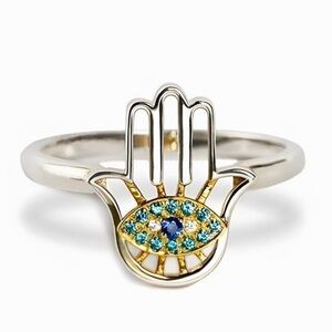Sterling Silver Palm Evil Eye Ring Size 8 YOU'RE ALWAYS PROTECTED HAMSA